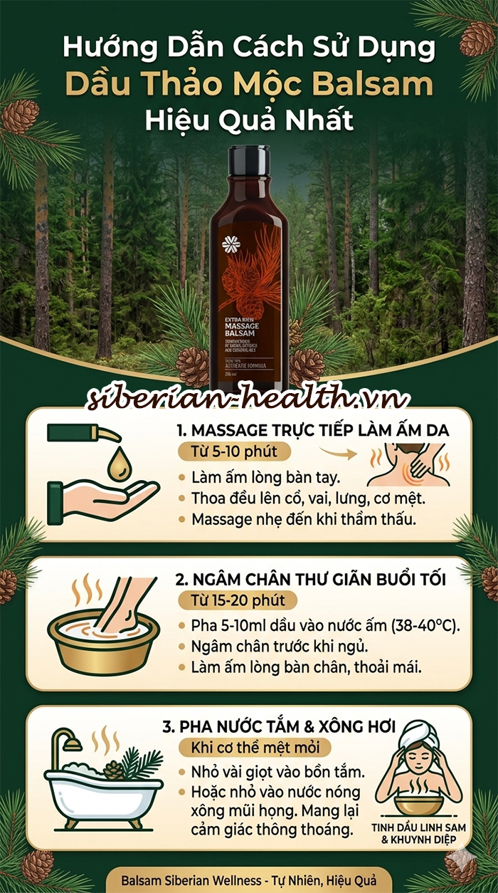 Hướng dẫn 3 cách sử dụng dầu thảo mộc Balsam hiệu quả: massage trực tiếp, ngâm chân thư giãn và pha nước tắm xông hơi