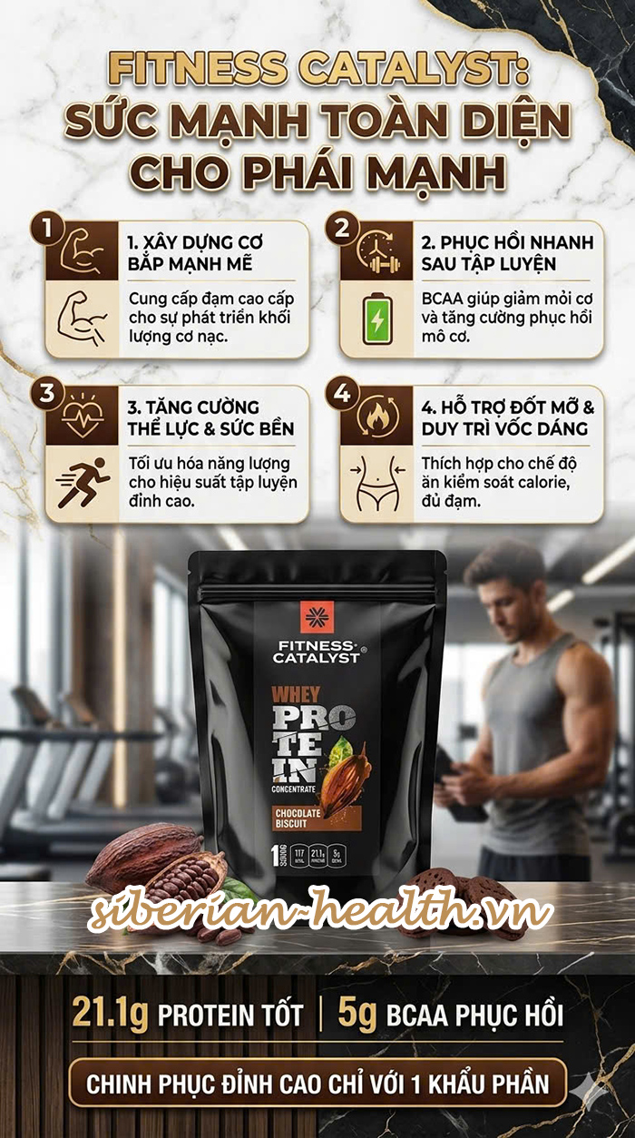 Whey Protein Fitness Catalyst vị Chocolate Biscuit – Nguồn đạm tinh khiết giúp các anh trai phòng gym tăng trưởng cơ bắp tối ưu và phục hồi thể lực